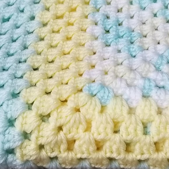 Hand Crochet Granny Square Baby Afghan Pastel Yellow and Teal Stroller Blanket - Picture 4 of 6